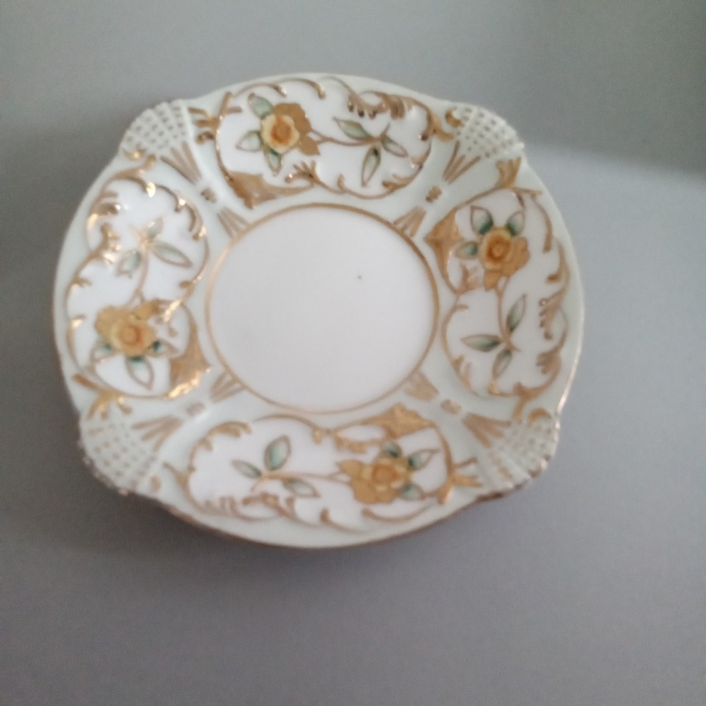 Uchiguchi Japan Hand Painted Porcelain Saucer Gold Moriage Yellow Floral Vintage